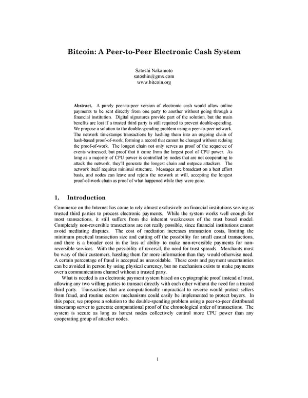 Bitcoin Whitepaper by Satoshi Nakamoto - Page 1